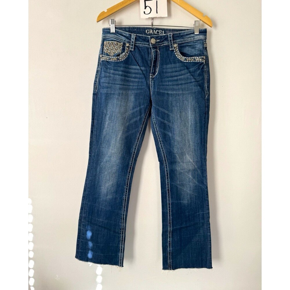Grace in LA Easy Fit Jeans Womens 30 Bootcut Medium Wash Stretch Studded